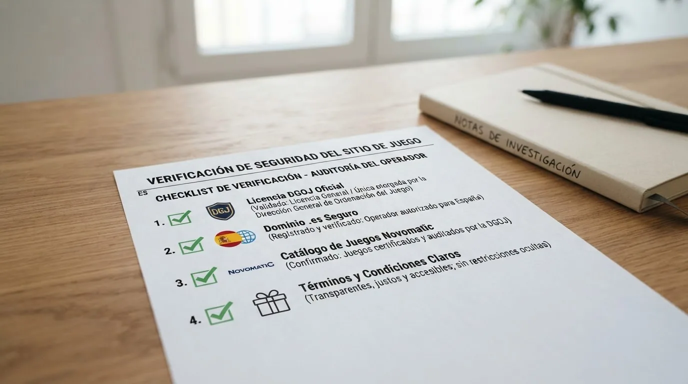 Escritorio de trabajo con una lista de verificación sobreimpresa que incluye los iconos de licencia DGOJ, dominio .es, catálogo Novomatic y condiciones de bono, cada uno con una marca de verificación verde