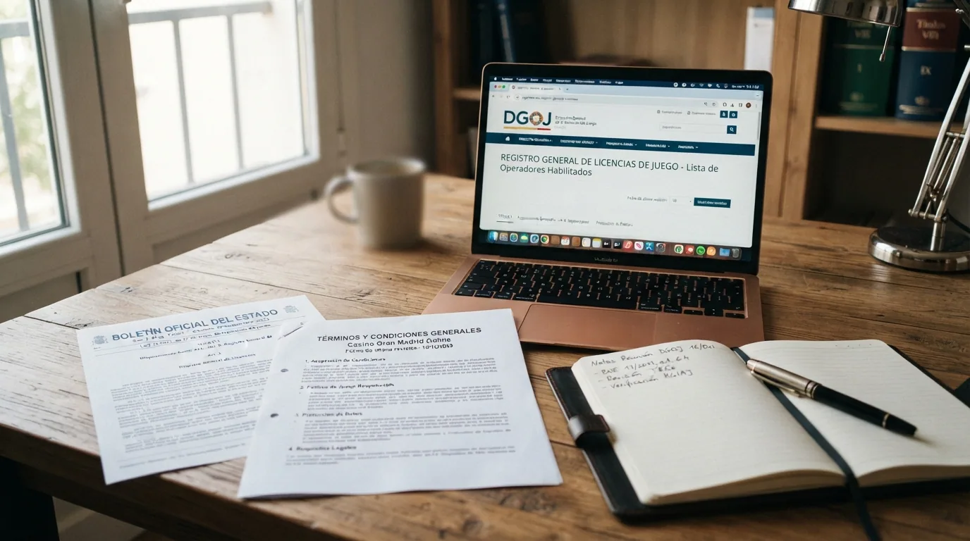 Documentos oficiales del BOE, el registro público de la DGOJ en pantalla y las páginas de condiciones legales de los operadores analizados