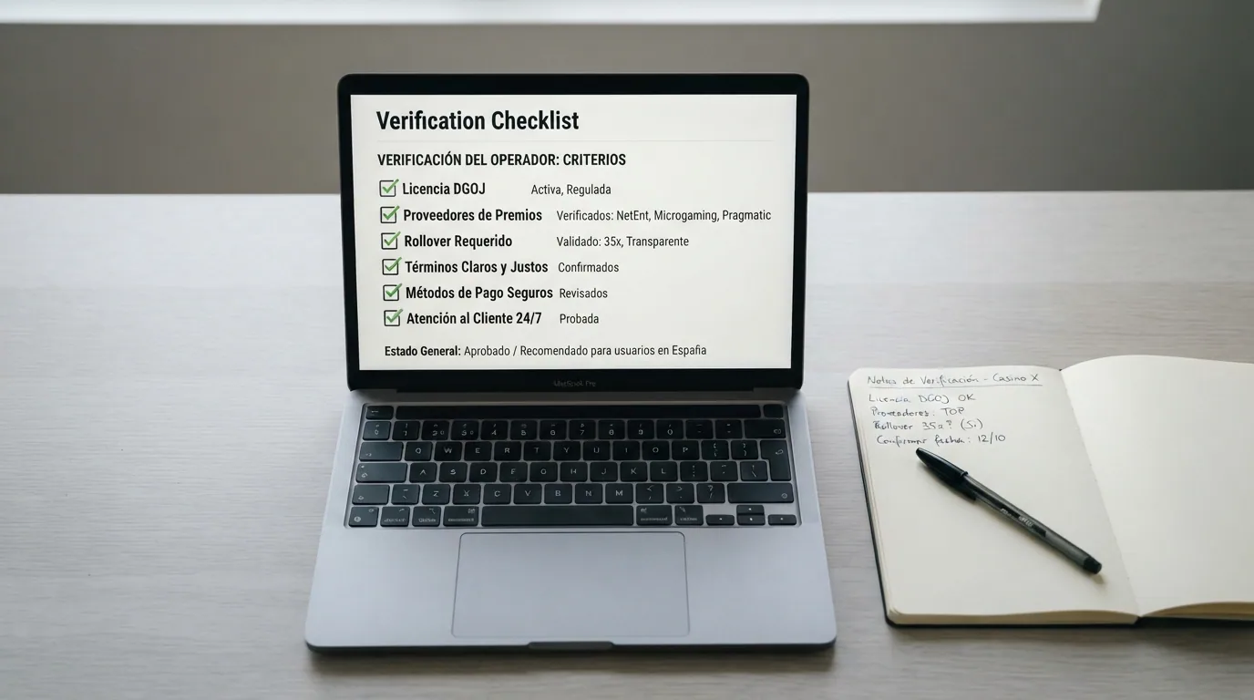 Escritorio con una lista de verificación sobre la pantalla de ordenador donde se leen criterios como «licencia DGOJ», «proveedores de jackpot» y «rollover»