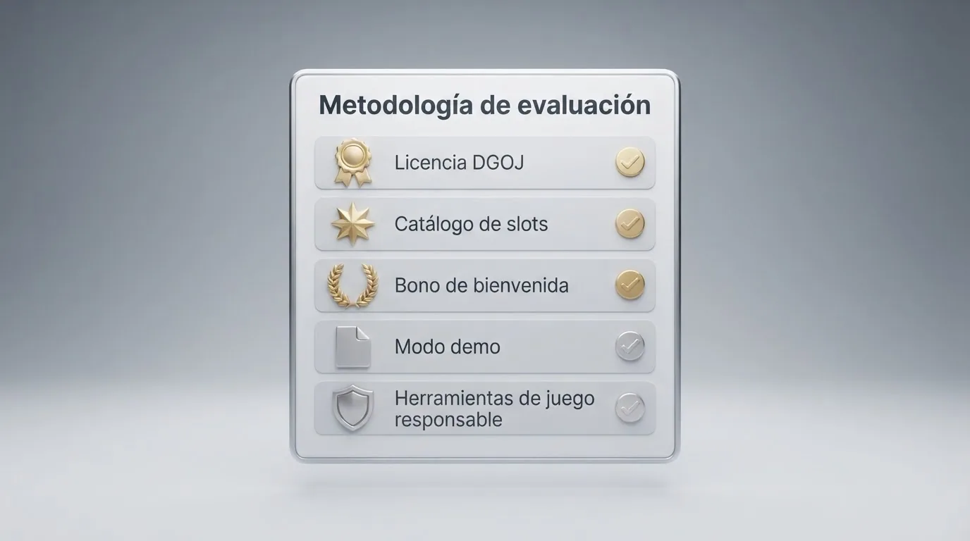 Lista de verificación con los cinco criterios aplicados a cada casino: licencia DGOJ, catálogo de slots, bono de bienvenida, modo demo y herramientas de juego responsable