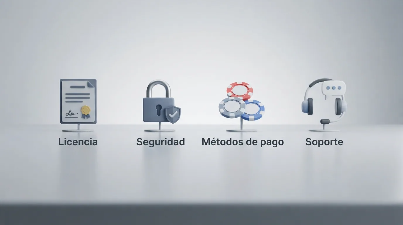 Lista de criterios de evaluación con iconos de licencia, candado, métodos de pago y soporte