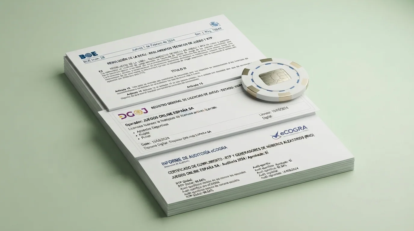 Documentos oficiales del BOE, pantalla de la DGOJ e informes de laboratorios de certificación como eCOGRA
