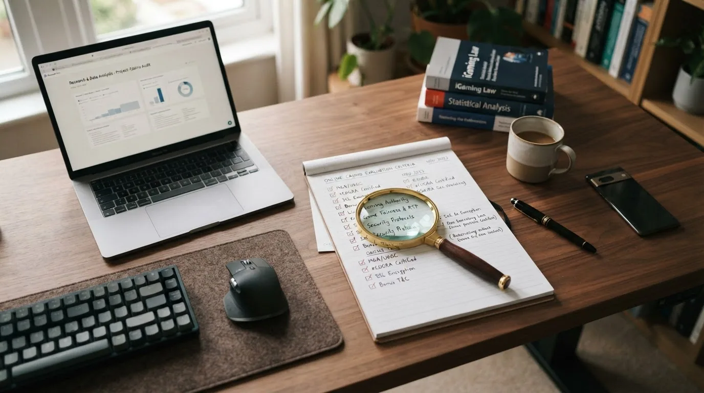 Lista de criterios de evaluación sobre un escritorio con documentos, un teclado y una lupa