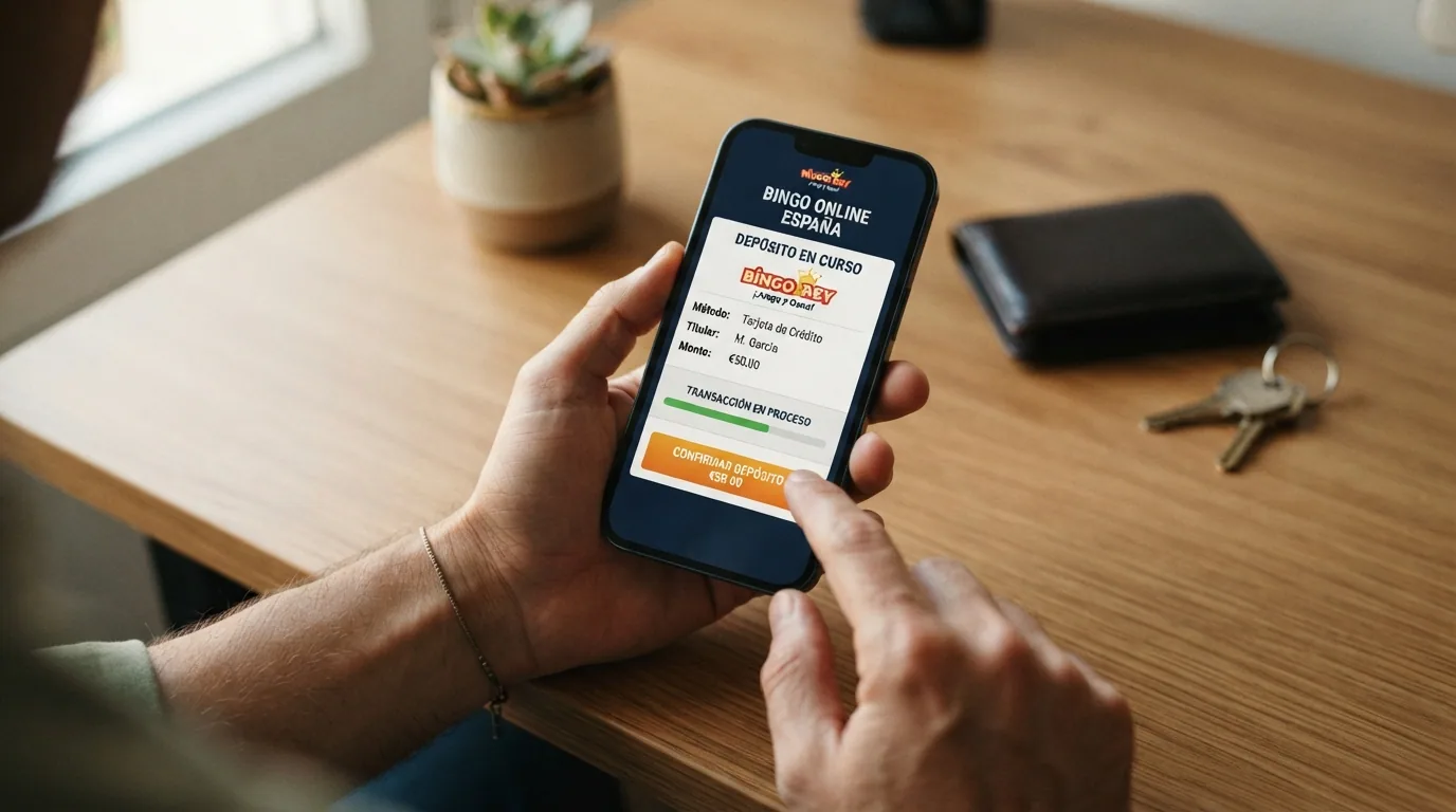 Teléfono móvil mostrando la pantalla de depósito por Bizum en un casino de bingo online español