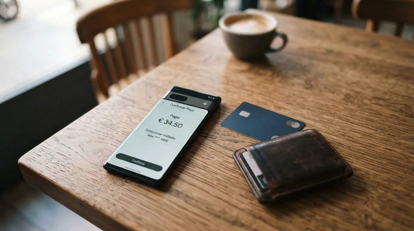 Cartera, teléfono móvil y tarjeta bancaria sobre una mesa, representando los tres métodos de pago principales del casino online español: tarjeta, Bizum y PayPal
