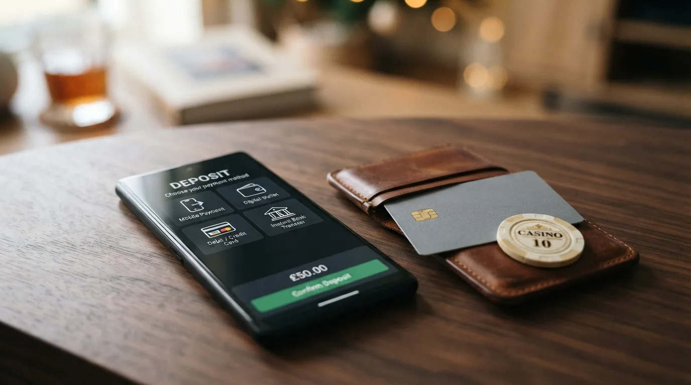 Un móvil mostrando la pantalla de depósito de un casino con los iconos de Bizum, PayPal, Visa y transferencia, junto a un monedero físico con monedas de euro