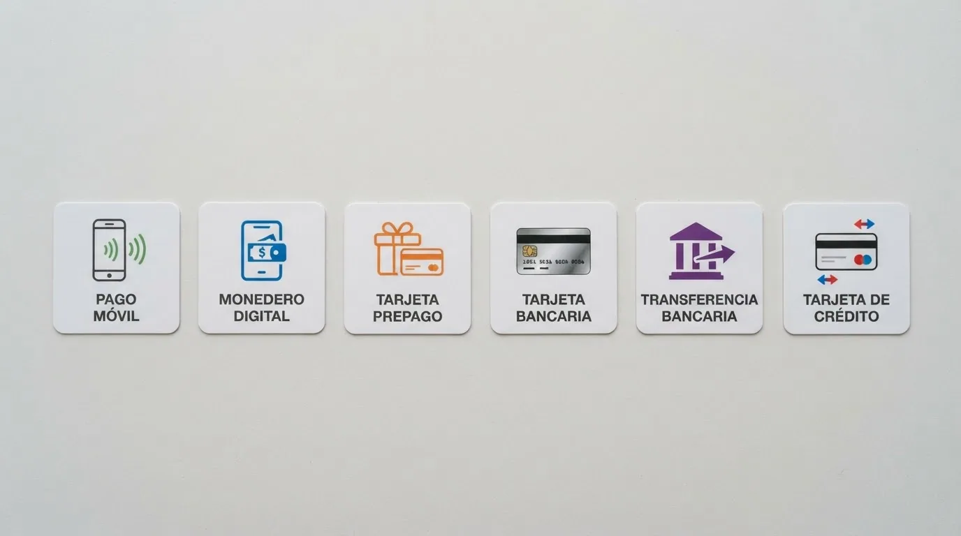 Iconos de los métodos de pago aceptados en casinos online españoles: Bizum, PayPal, paysafecard, Visa, Mastercard y transferencia bancaria, ordenados en una fila