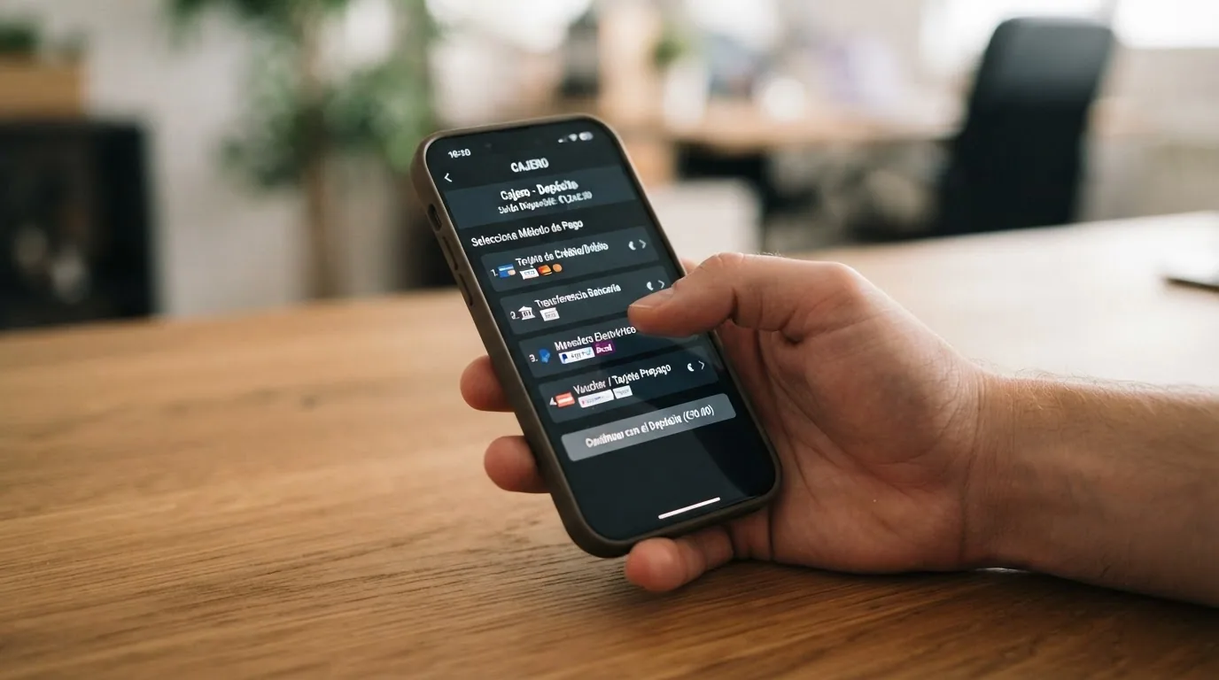 Pantalla de cajero de un casino online español mostrando los métodos de pago disponibles: tarjeta, Bizum, transferencia y monedero electrónico