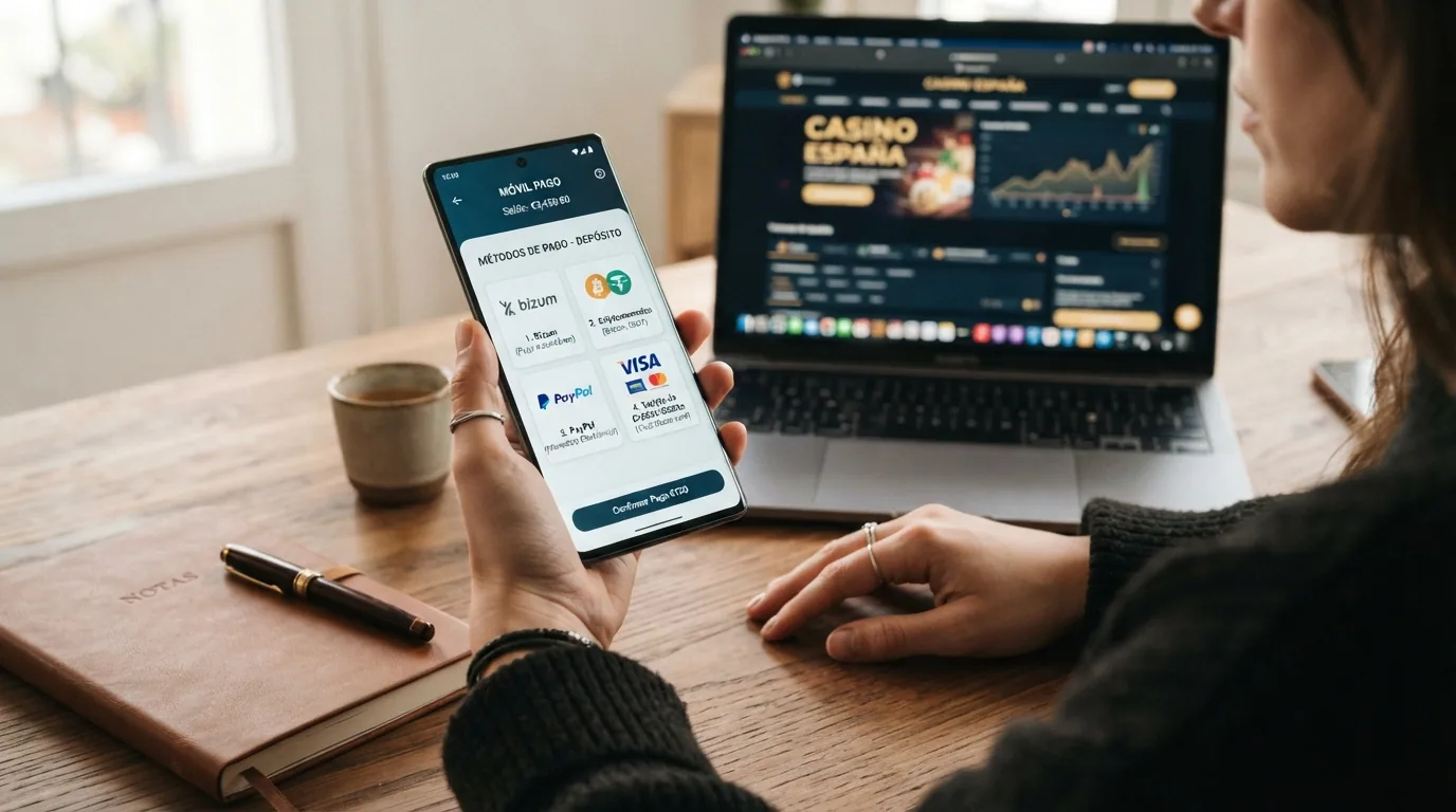 Cartera digital abierta de la que salen iconos de PayPal, Bitcoin, MiFinity y tarjetas de crédito hacia la pantalla de un casino online