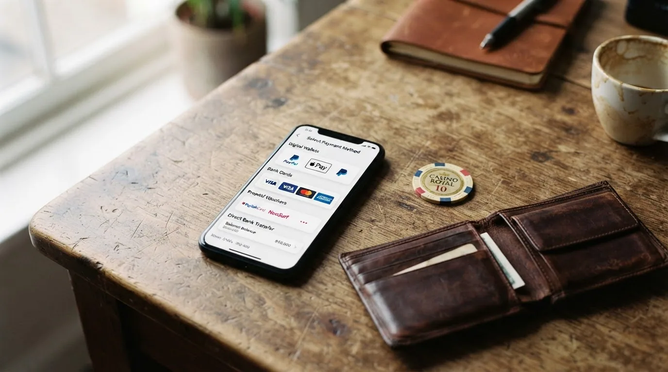 Cartera digital con los iconos de Skrill, Neteller, Visa, Mastercard y Paysafecard dispuestos en abanico sobre el mapa de Malta