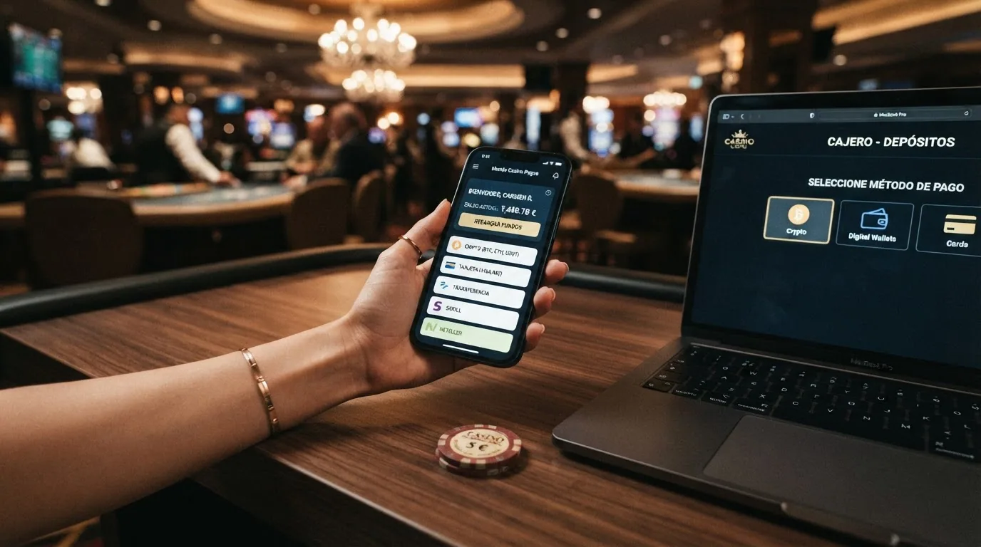 Pantalla de opciones de retiro en un casino internacional con criptomonedas, monederos digitales y transferencia