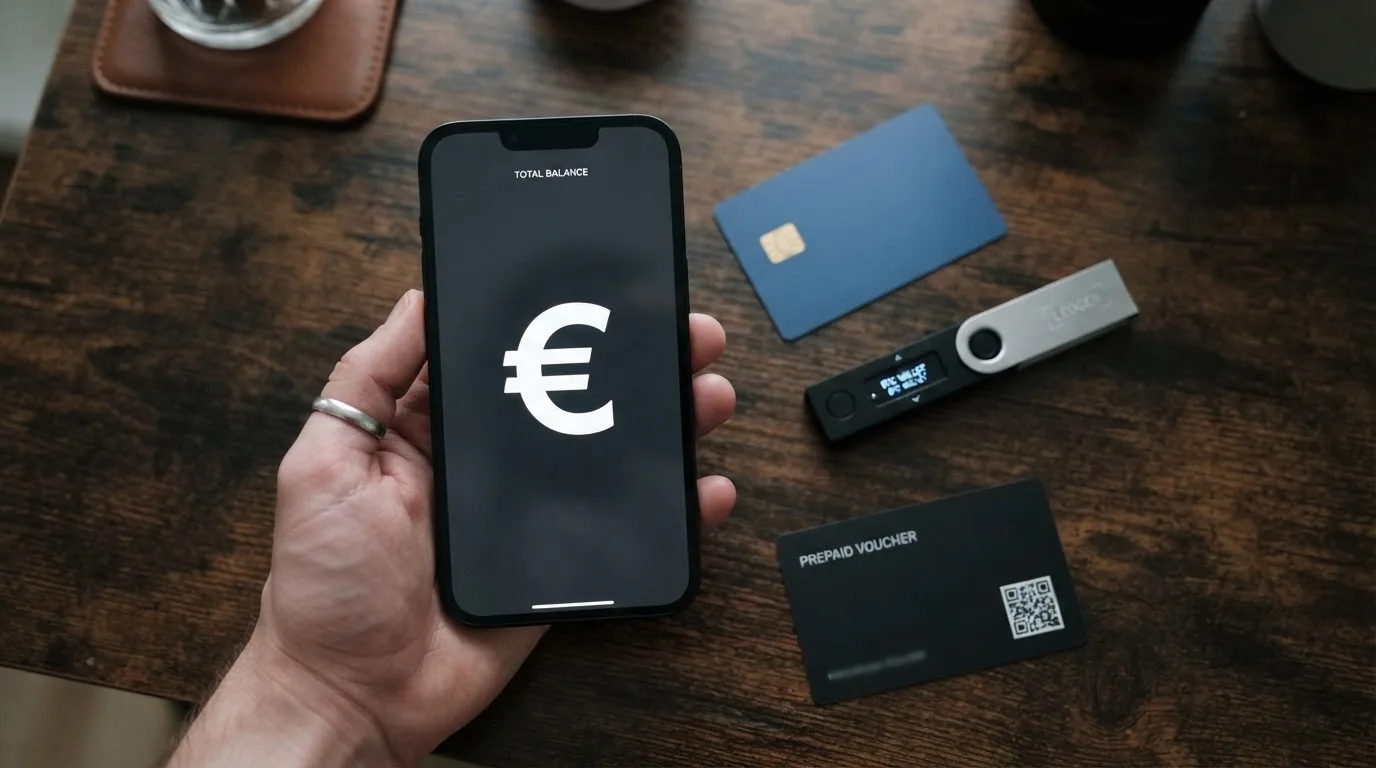 Billetera, tarjeta bancaria, teléfono móvil con la app de un monedero digital y un monedero físico de criptomonedas dispuestos en abanico sobre una mesa