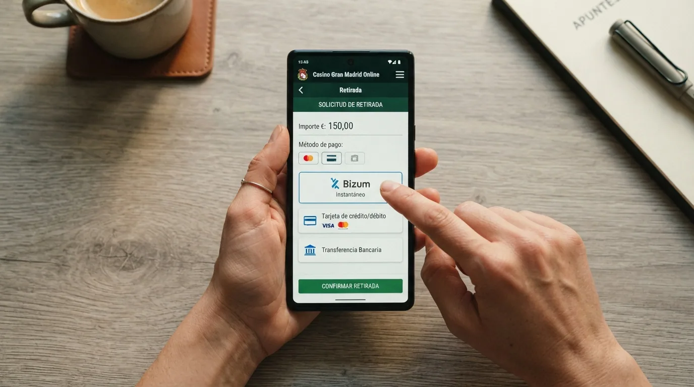 Mano sosteniendo un móvil con la pantalla de retiro de un casino online y varias opciones de cobro