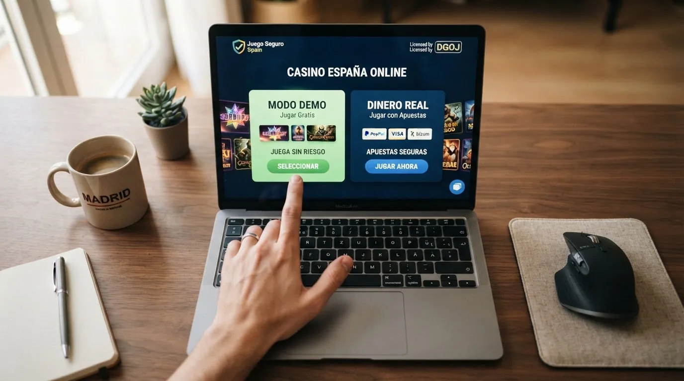 Selector de modo demo frente a modo con dinero real en la pantalla de un casino online español