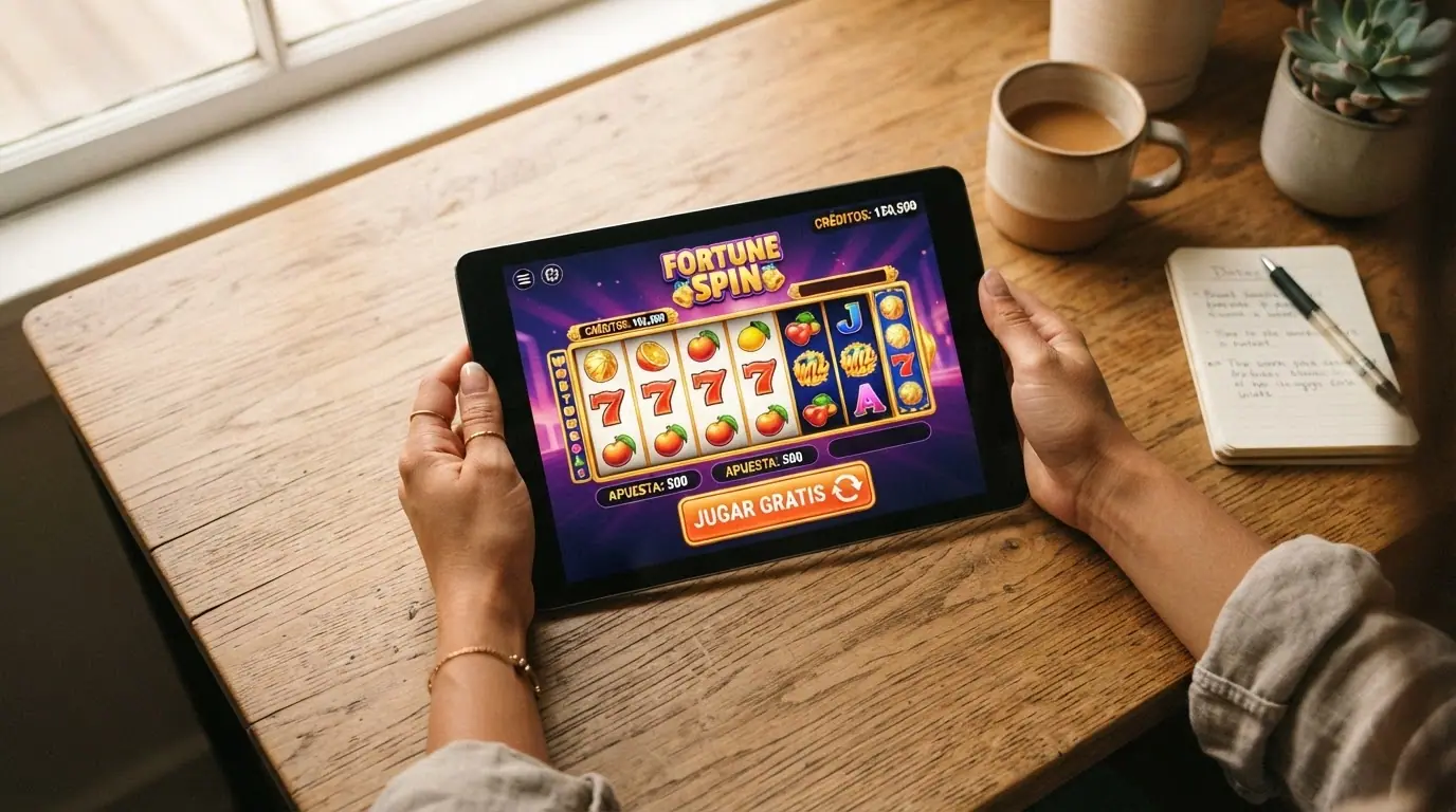 Captura de pantalla del modo demo de un slot online con el contador de saldo ficticio visible en la esquina superior y el botón de «jugar gratis» resaltado