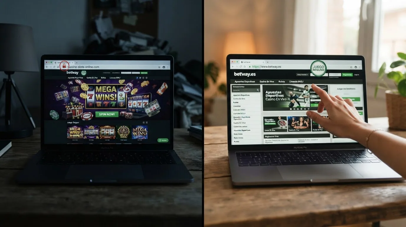Composición visual: una pantalla con un casino sin dominio .es y un candado roto, frente a otra con el sello Juego Seguro y un candado verde cerrado.