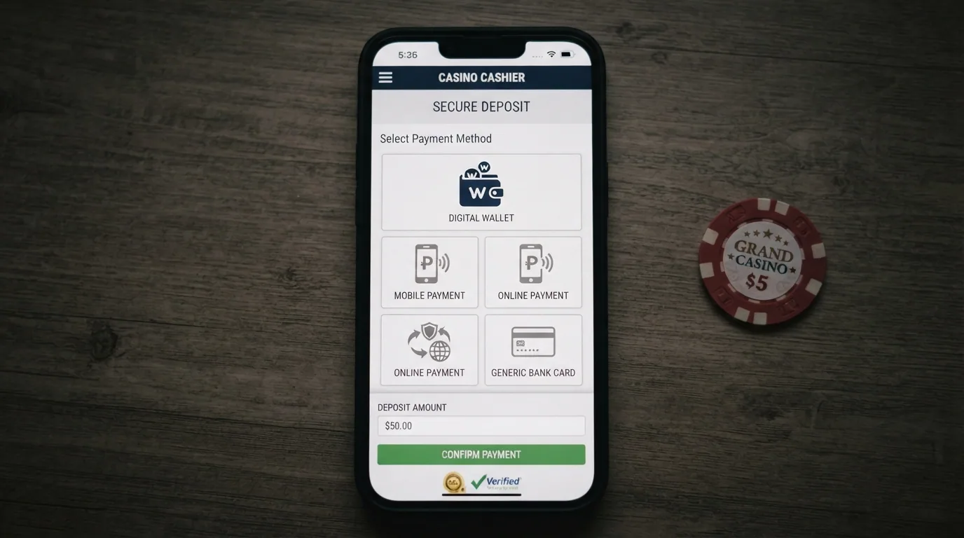 Un iPhone mostrando la pantalla de pago de un casino online con los iconos de Apple Pay, Bizum, PayPal y tarjeta como opciones disponibles