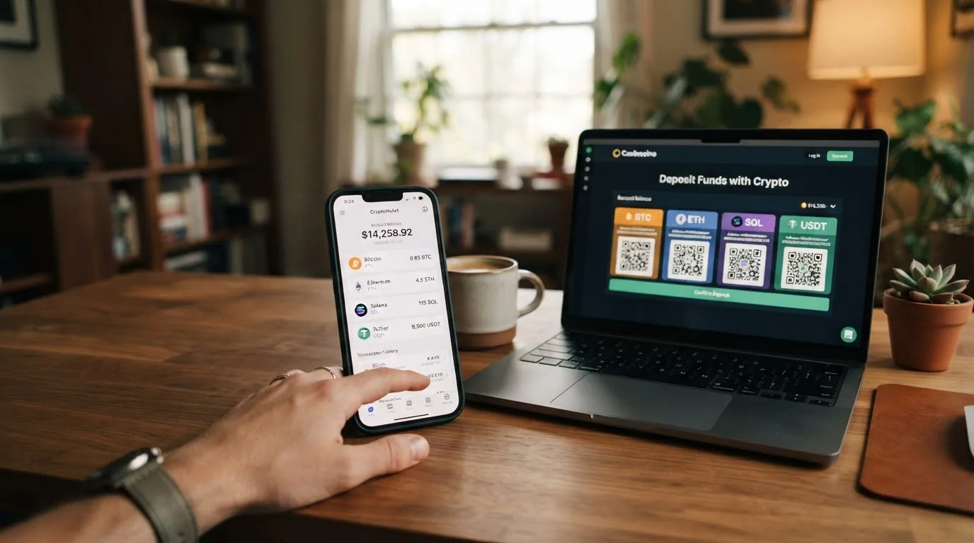 Cartera digital de criptomonedas en la pantalla de un móvil junto a la página de depósito de un casino online, mostrando las opciones de Bitcoin, Ethereum y Tether como métodos de pago.