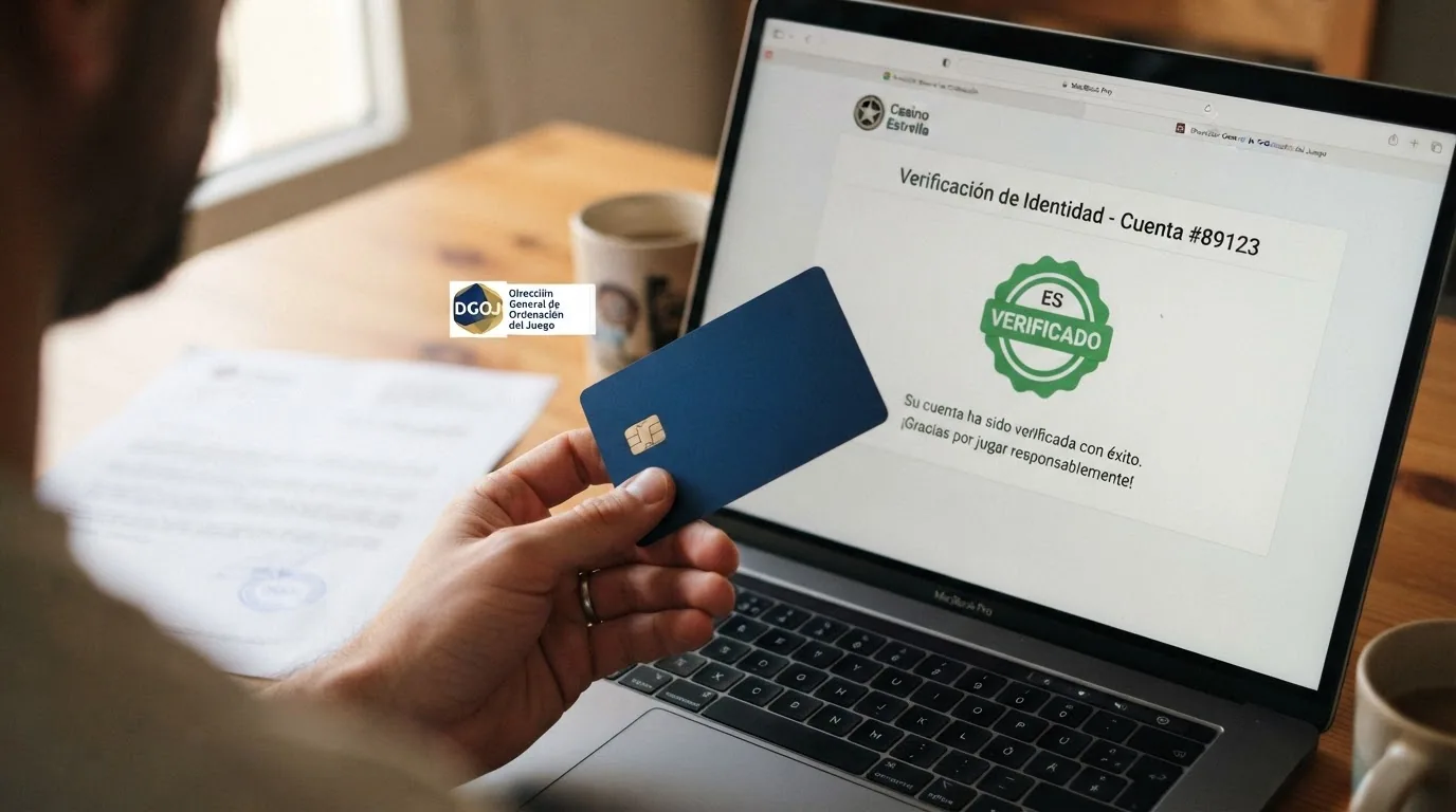Primer plano de un documento de identidad junto a la pantalla de verificación KYC de un casino online y el sello de la DGOJ