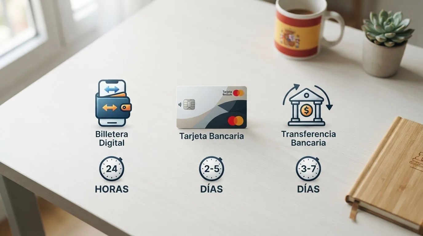 Un esquema visual con tres columnas — PayPal, tarjeta bancaria y transferencia — y un reloj debajo de cada una indicando el plazo de retirada: horas, días, días