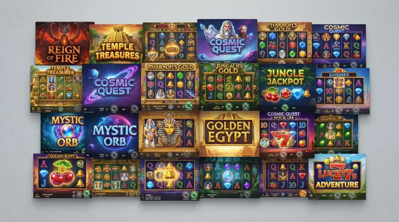 Collage de portadas de tragaperras de Pragmatic Play, NetEnt, Evolution y Hacksaw Gaming con sus logotipos reconocibles