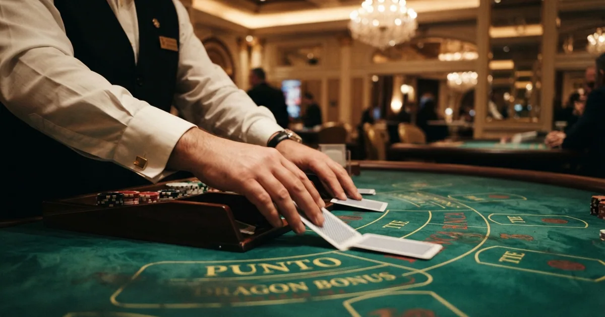 Mesa de punto banco en un casino online con crupier en vivo repartiendo cartas desde un sabot de seis barajas sobre un tapete verde con las tres zonas de apuesta