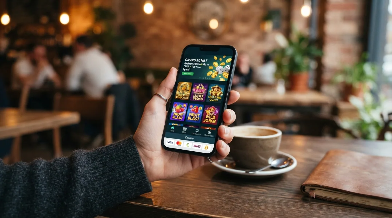 Interfaz de un casino online sin licencia DGOJ con el banner de bienvenida en primer plano, la sección de juegos destacados y varios métodos de pago visibles, incluyendo logotipos de criptomonedas.