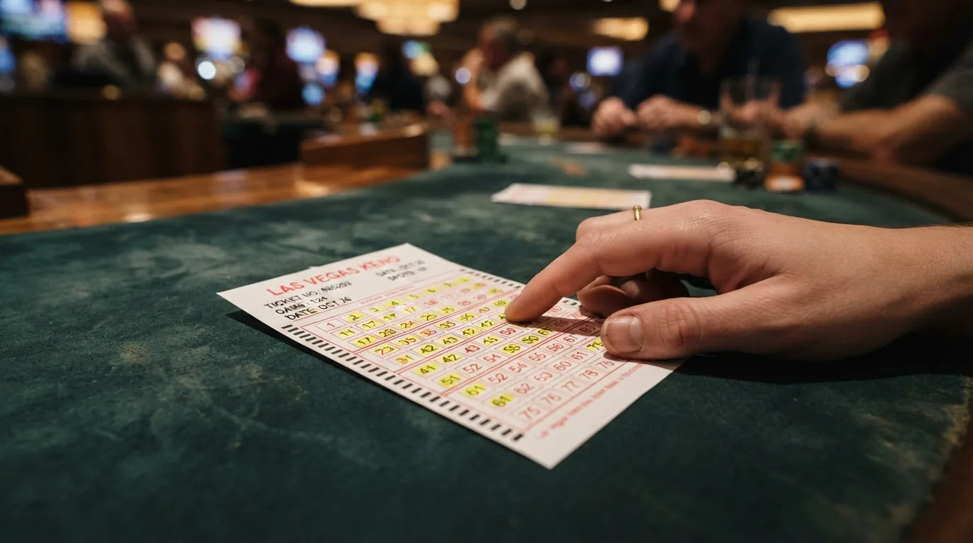 Cartón de keno con 80 números y varias selecciones marcadas en amarillo sobre una mesa de casino virtual