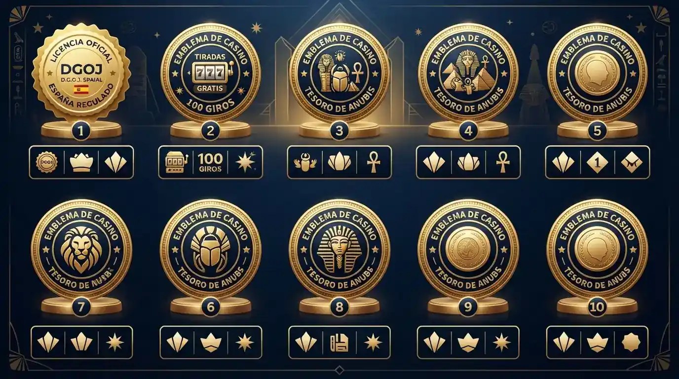Infografía comparativa con los logotipos de los diez casinos analizados ordenados en una cuadrícula, con iconos que representan licencia DGOJ, tiradas gratis y Book of Ra disponible