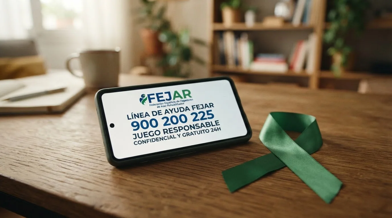 Teléfono móvil mostrando el número 900 200 225 junto al lazo verde del juego responsable