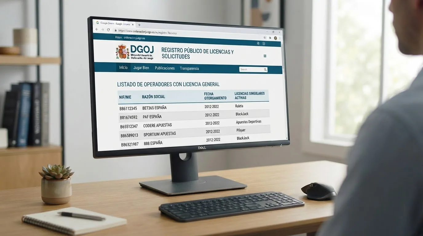 Captura del registro público de operadores con licencia en la web de la DGOJ con el dominio ordenacionjuego.es visible
