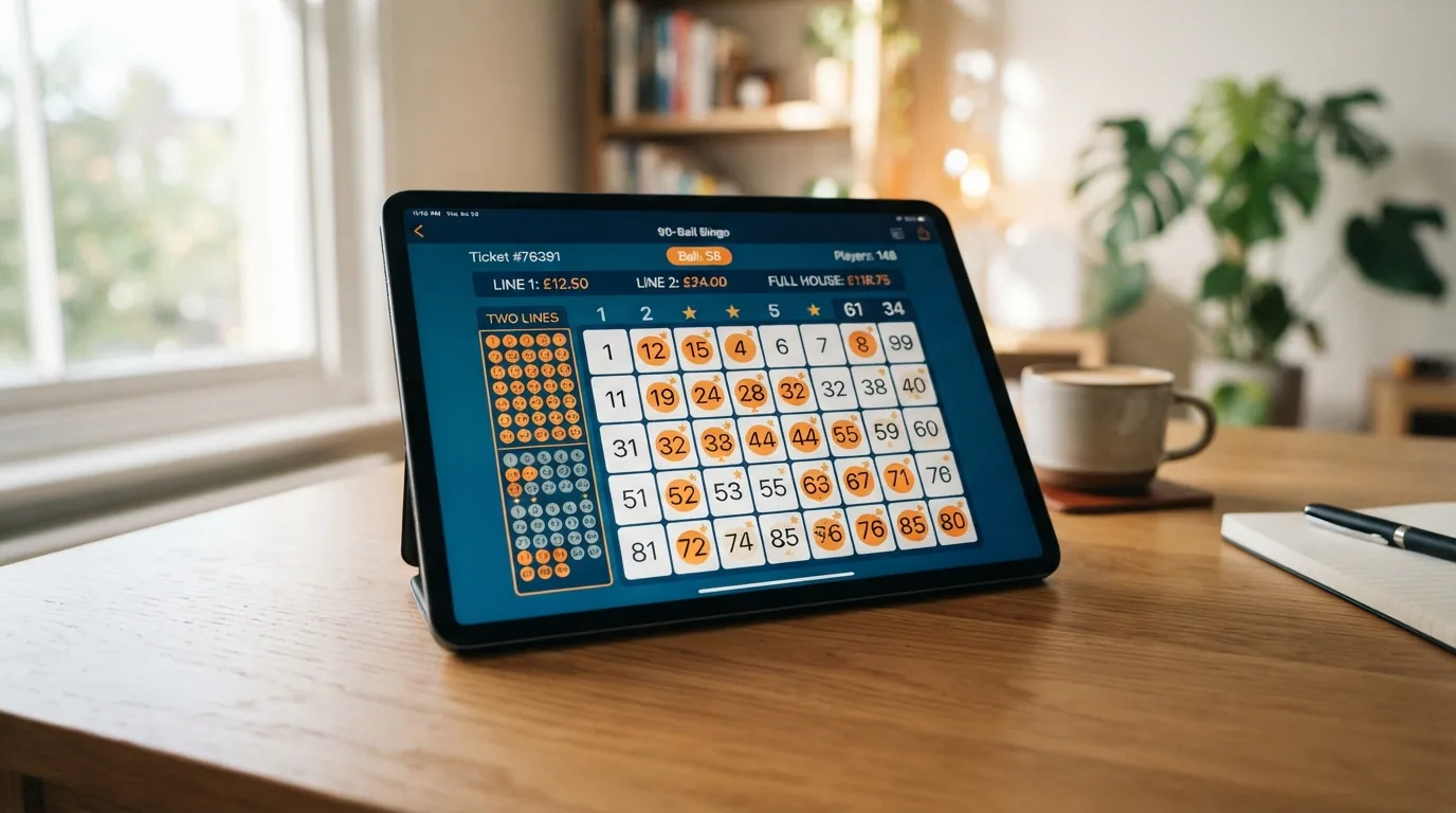 Cartón de bingo virtual de 90 bolas con números marcados, dos líneas a punto de completarse y premios parciales indicados