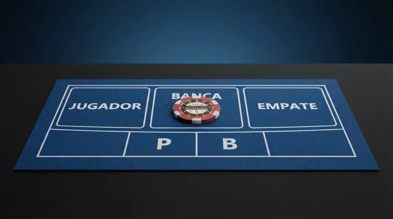 Esquema visual de una mesa de Punto Banco con las zonas de apuesta de Jugador, Banca y Empate señalizadas