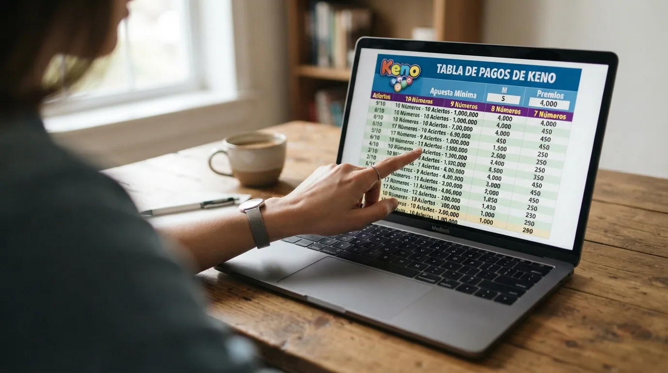Primer plano de una mano señalando una tabla de pagos de keno en la pantalla de un ordenador portátil, con una copa de café al lado