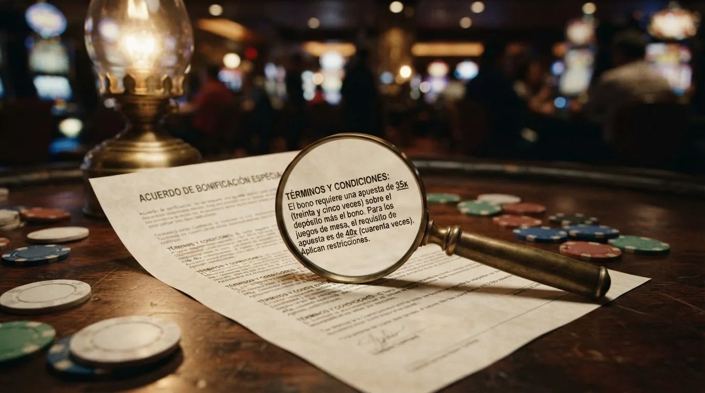 Contrato con las condiciones de un bono sobre la mesa, una lupa ampliando la sección de requisitos de apuesta y fichas de casino al fondo
