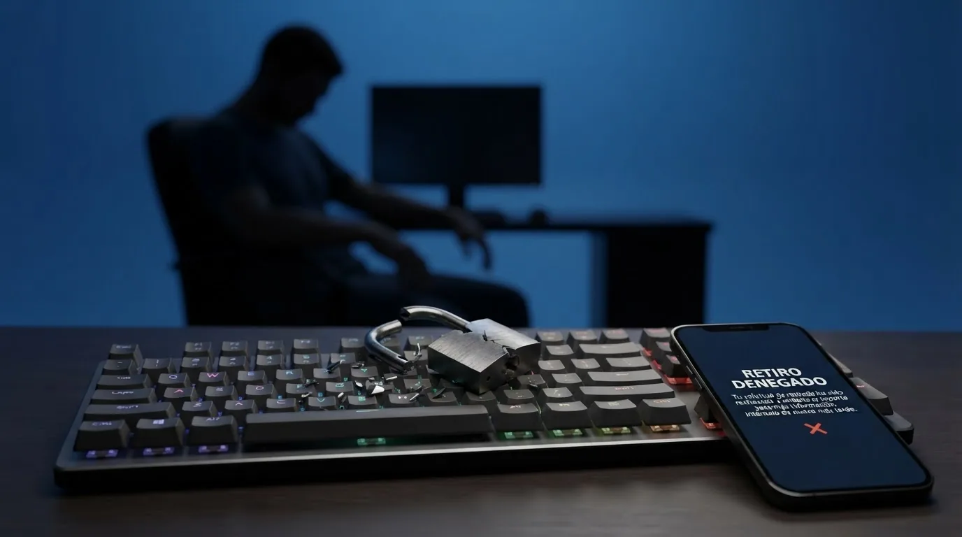 Representación conceptual: un candado roto sobre el teclado de un ordenador, un signo de exclamación en una pantalla de retirada denegada y la silueta de un jugador con las manos vacías frente al monitor.