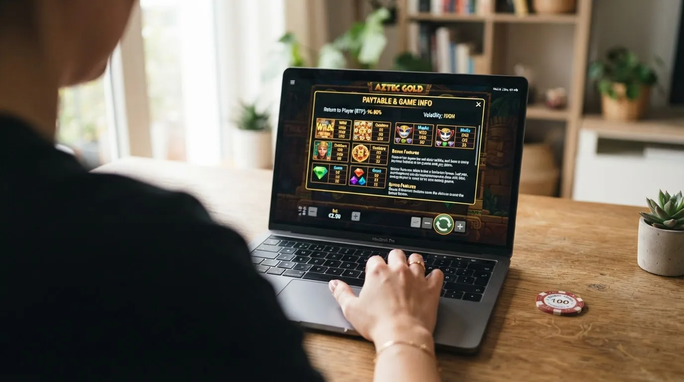 Pantalla de una tragamonedas con la tabla de pagos abierta y el porcentaje de RTP visible en la ficha técnica del juego