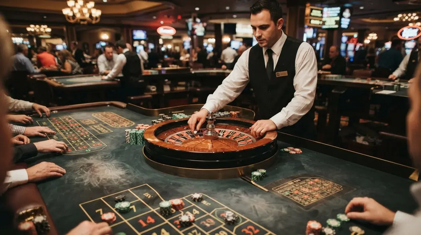 Primer plano de una ruleta en vivo con el crupier situado detrás de la mesa y la interfaz de apuestas del jugador superpuesta en pantalla