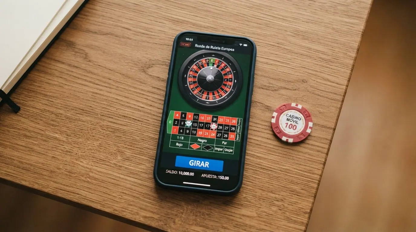 Pantalla de un simulador de ruleta online en modo demo con saldo ficticio y el botón de girar destacado
