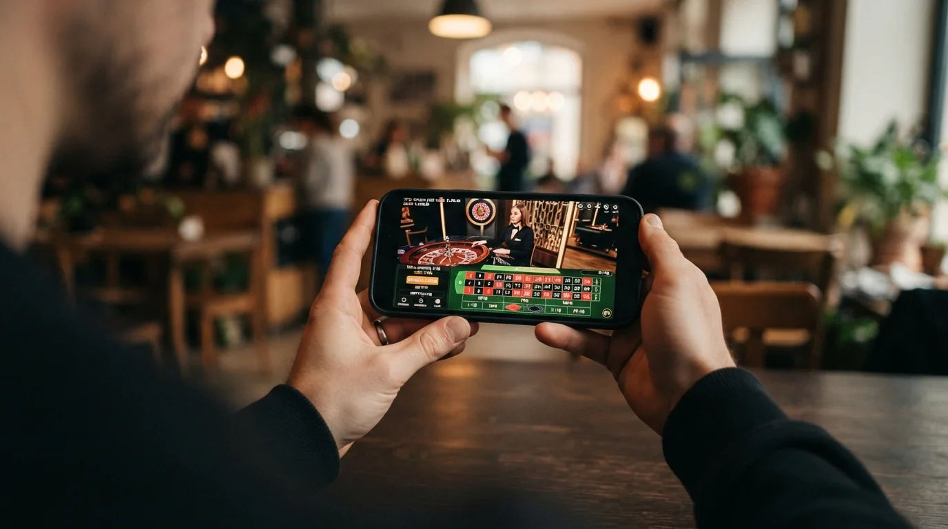 Teléfono móvil en horizontal mostrando una mesa de ruleta en vivo con la interfaz de apuesta táctil, fichas y chat del crupier visibles