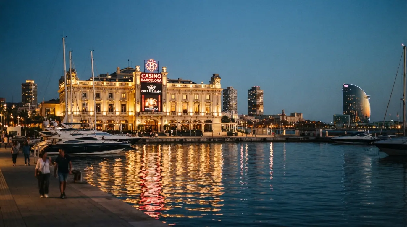 Vista aérea del Port Olímpic de Barcelona con el edificio del casino señalizado