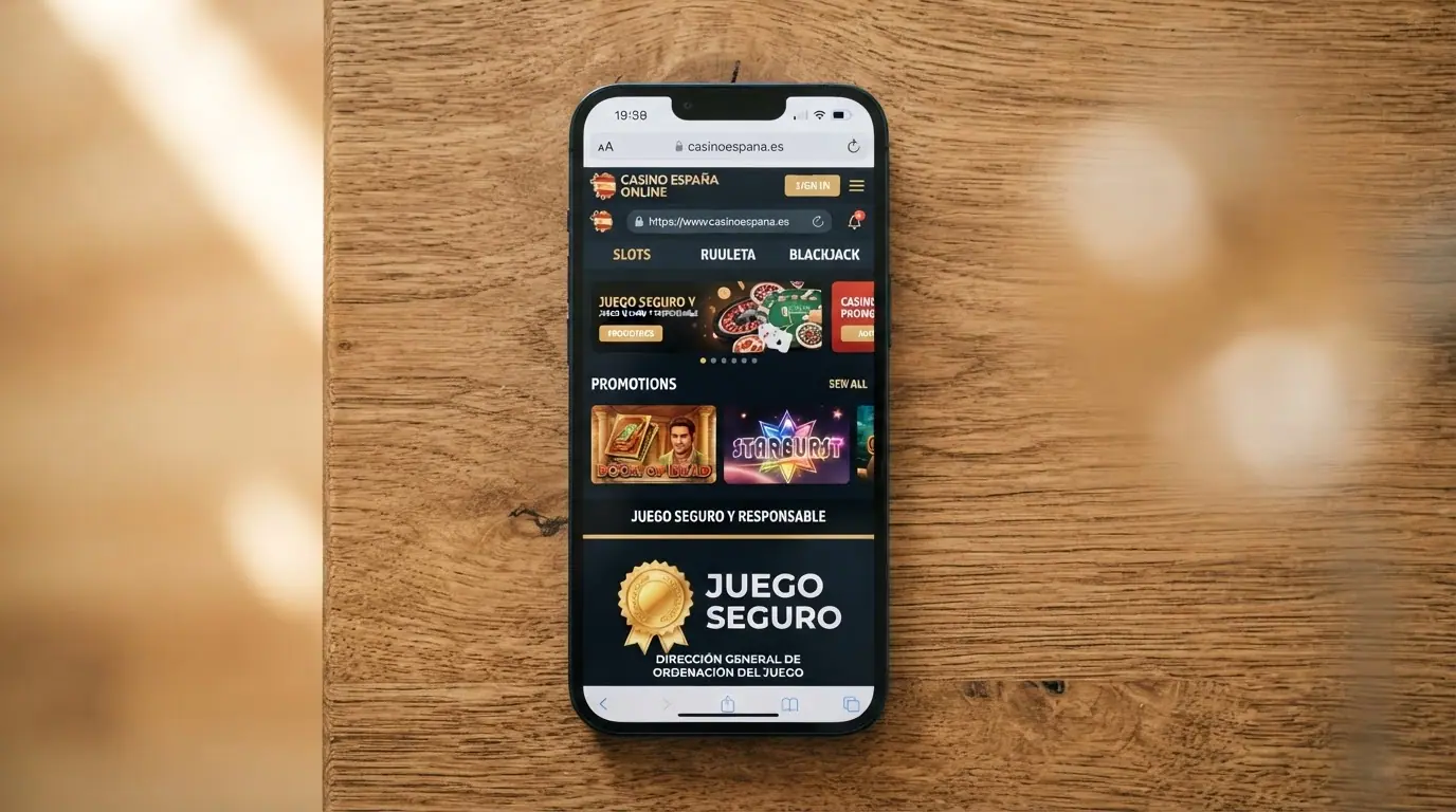 Primer plano del sello Juego Seguro de la DGOJ junto a la barra de direcciones del navegador mostrando el dominio .es de un casino regulado