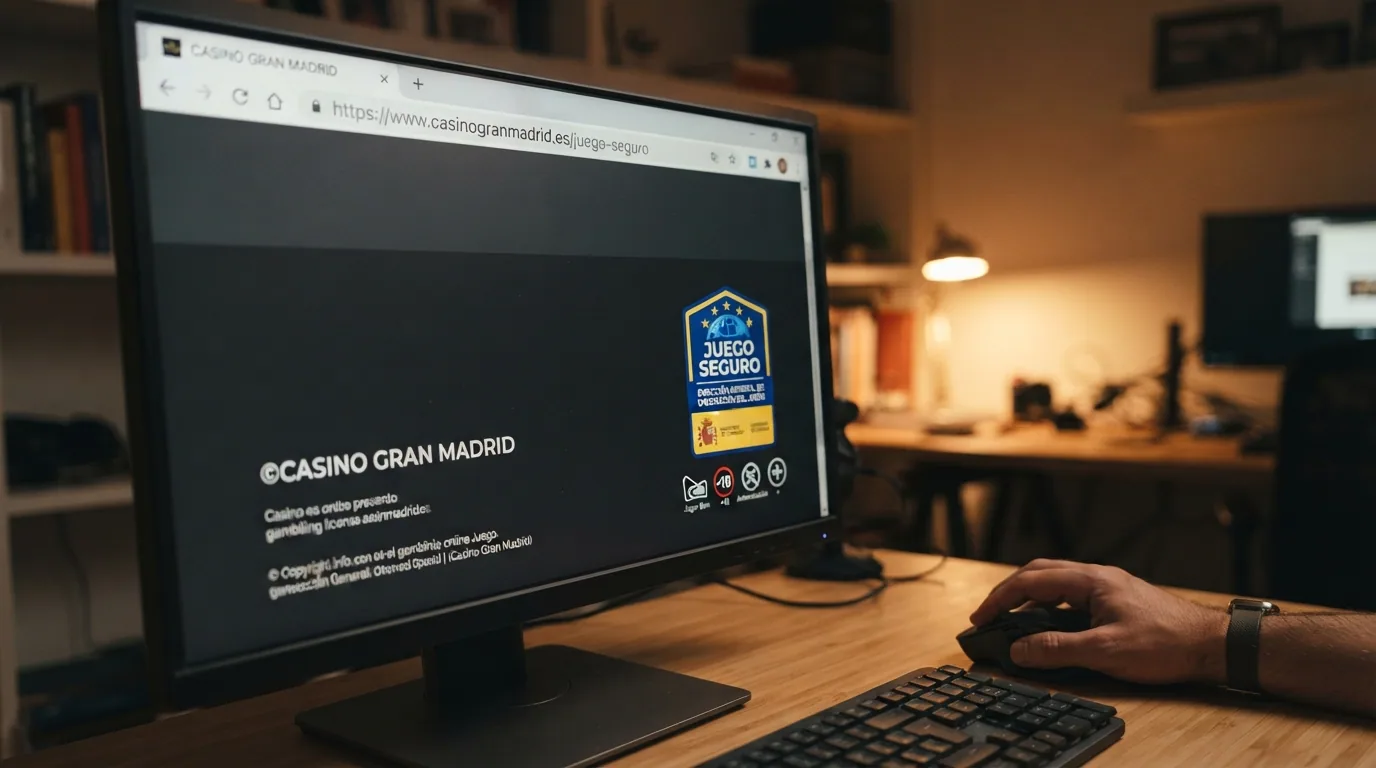 Primer plano del sello oficial de Juego Seguro de la DGOJ tal como aparece en el pie de un casino online con licencia, junto a la barra de direcciones del navegador mostrando el dominio .es.