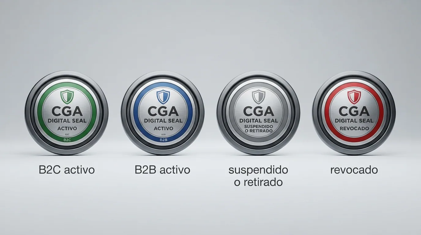 Los cuatro sellos digitales oficiales de la CGA en fila: verde, azul, gris y rojo, cada uno con su significado escrito debajo