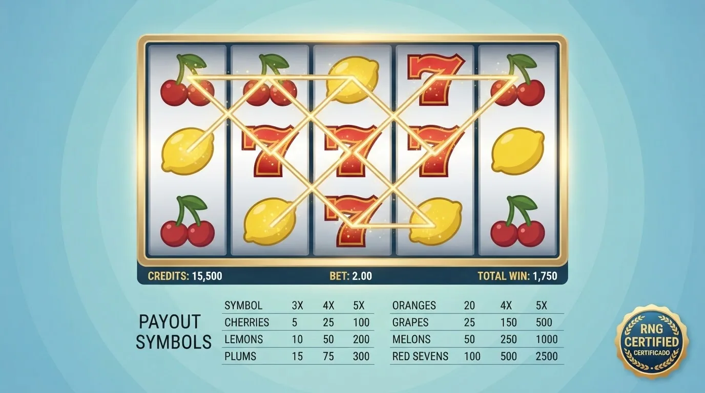 Esquema visual de una cuadrícula de slot de frutas con las líneas de pago resaltadas, el contador de saldo y el botón de giro