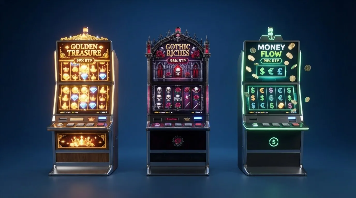Captura de tres slots de alto RTP (Book of 99, Blood Suckers, Money Cart 2) con sus fichas técnicas visibles en la interfaz de un casino español