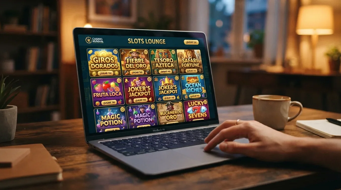 Lobby de slots de un casino online sin licencia con decenas de títulos de proveedores como Pragmatic Play y NetEnt, mostrando carátulas coloridas, jackpots progresivos y la ausencia de cualquier distintivo de juego auditado.