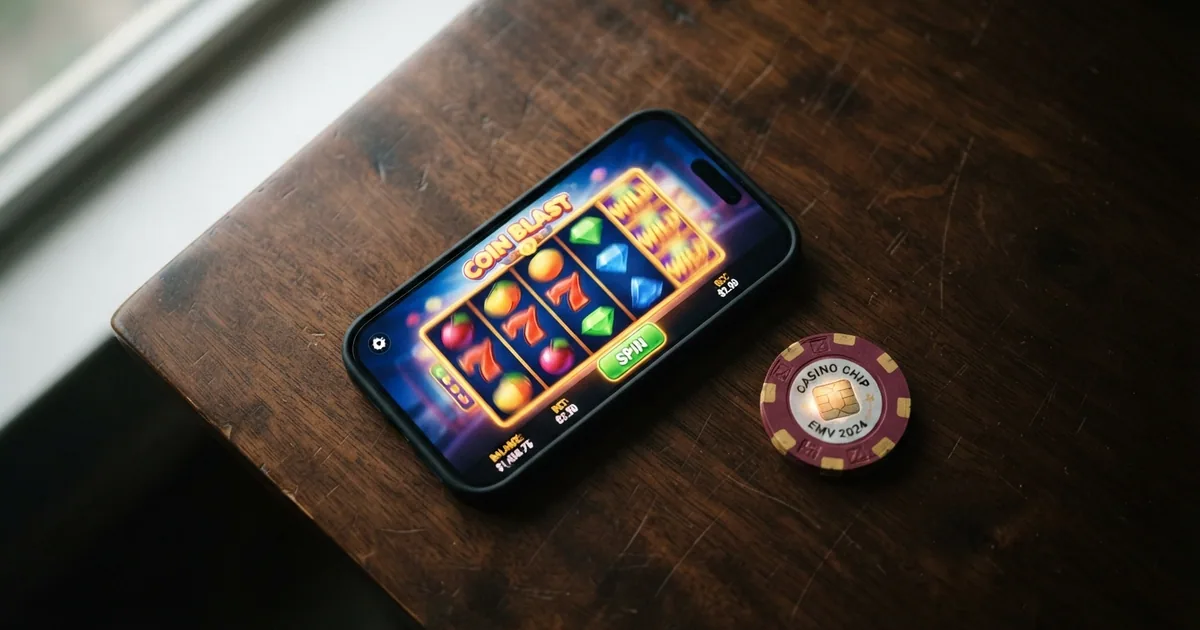 Interfaz de una tragaperras online con los rodillos girando y el panel de información del juego visible