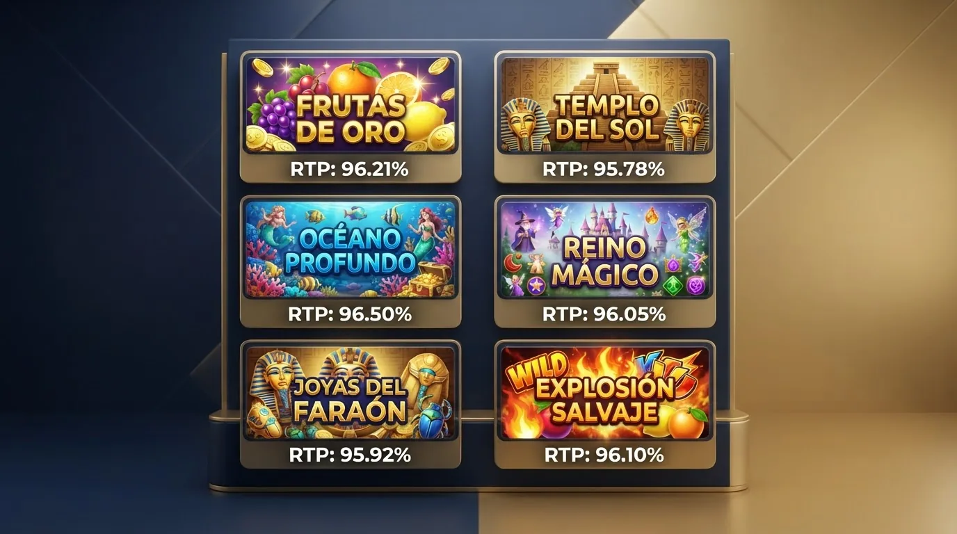 Una cuadrícula con seis carátulas de tragaperras online — Sugar Rush, Sweet Bonanza, Gates of Olympus, Wolf Gold, Big Bass Bonanza y Ugga Bugga — cada una con su porcentaje de RTP destacado