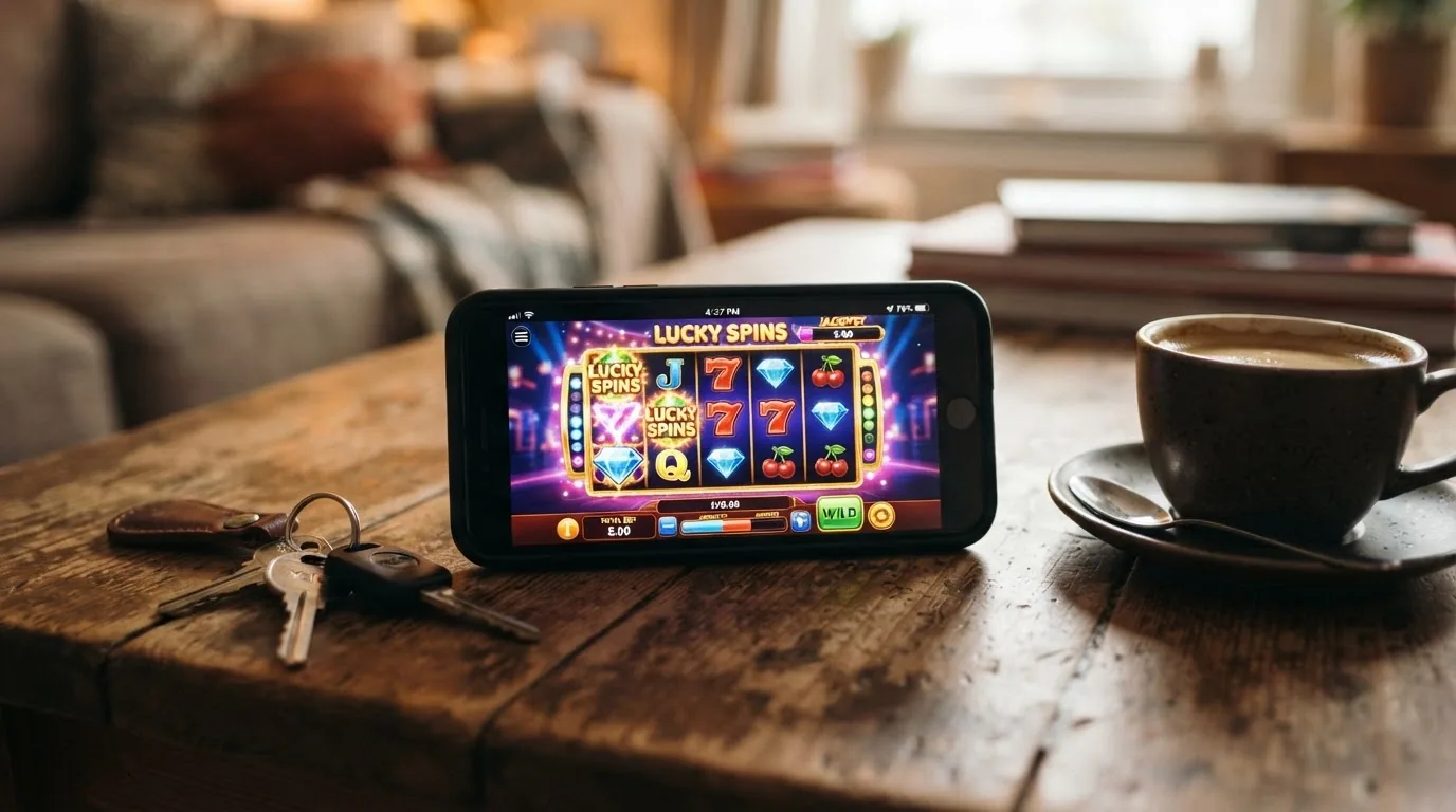 Teléfono móvil en horizontal mostrando una tragaperras a pantalla completa, apoyado sobre una mesa de café junto a unas llaves y un café